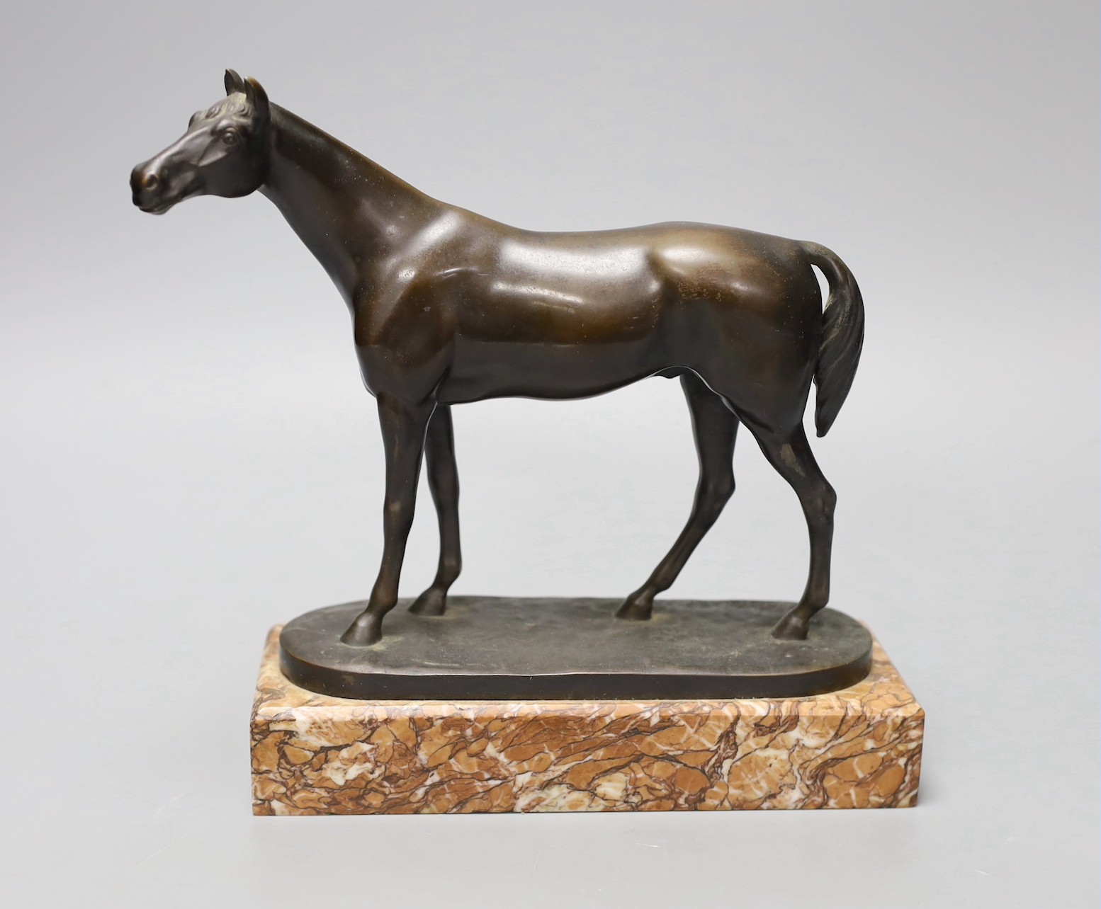 A 20th century bronze model of a horse, signed ‘K.Steiner’ the edge of the base incised ‘Ferd.Reiter Munchen’, on marble base, 22cm